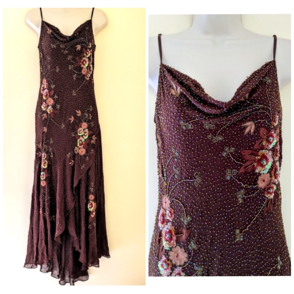 Vintage 90’s 100% Silk Dress Beaded Dress Backless Cowl Silk Slip Dress Floral - Picture 1 of 16